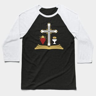 Cross, open bible, holy grail and vine. Baseball T-Shirt